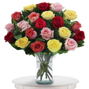 Florero De Vidrio Redondo(1cara) Rosas Rosadas y otras X 24