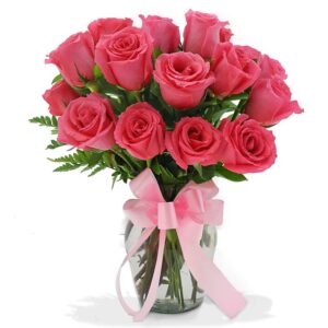 Florero De Vidrio Redondo(1cara) Rosas Rosadas X 24
