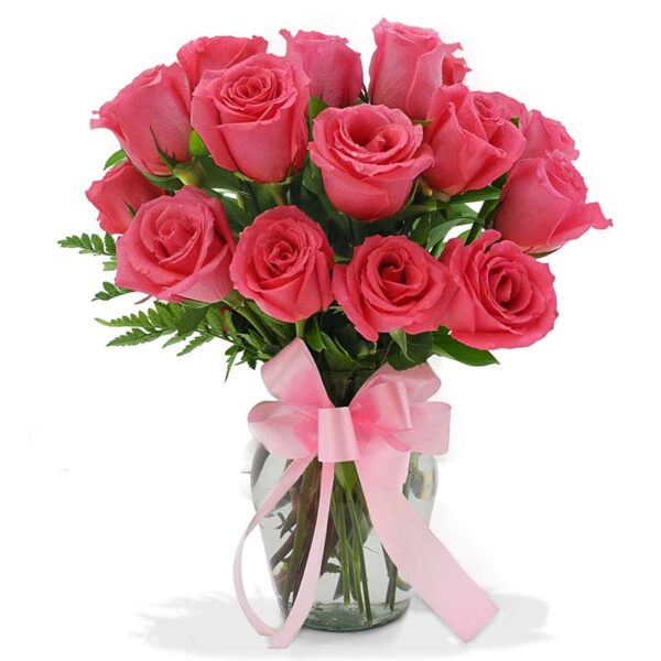 Florero De Vidrio Redondo(1cara) Rosas Rosadas X 24