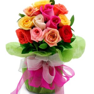Florero De Vidrio Redondo(1cara) Rosas Rosadas y otras X 12