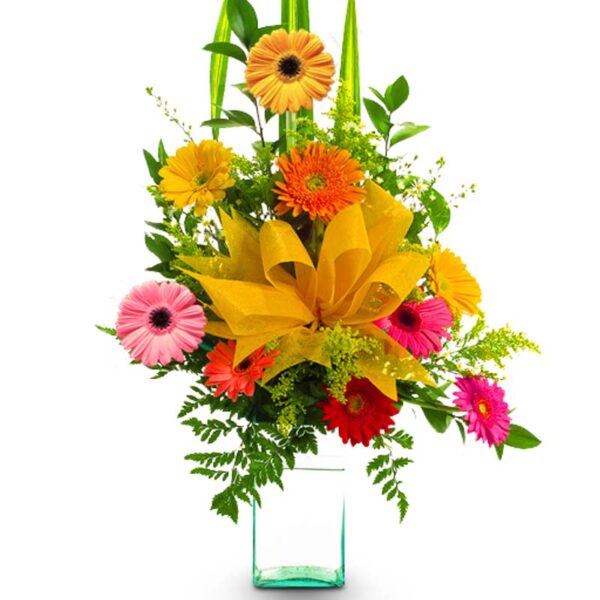 Florero De Vidrio Triangular Gerberas Naranja y otras X 12