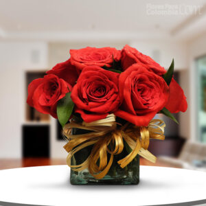 Florero De Vidrio Redondo(1cara) Rosas Rojas X 12