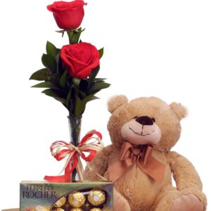 Florero De Vidrio Redondo(1cara) Rosas Rojas X 2, Oso De 20cm